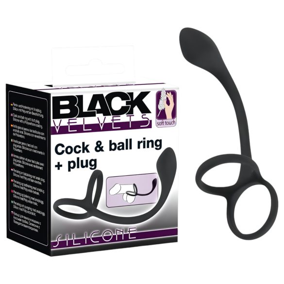 Sort Fløjl - slank anal dildo med penis- og kuglering (sort)