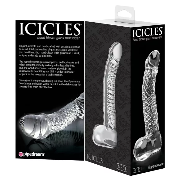 Icicles No. 61 - glasdildo med testikler og penisform - gennemsigtig