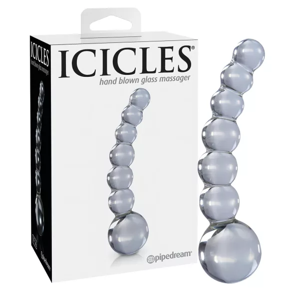Icicles No. 66 - glasdildo med buet form og kugler - gennemsigtig