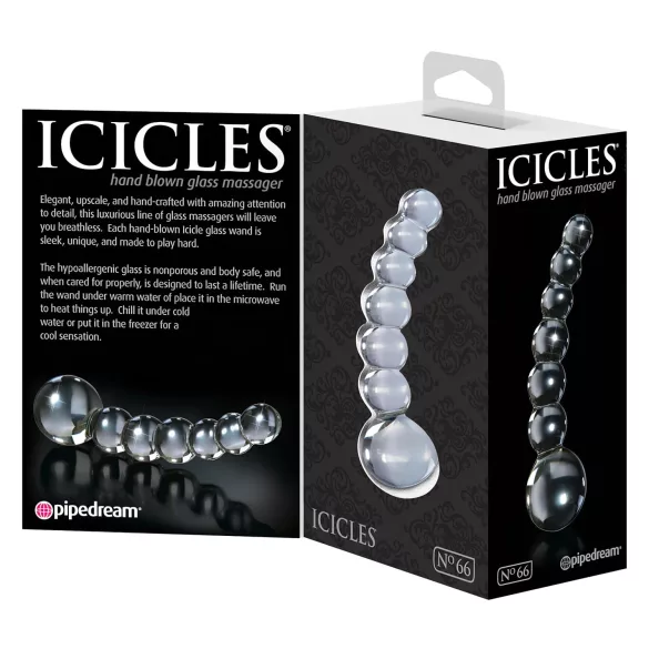 Icicles No. 66 - glasdildo med buet form og kugler - gennemsigtig
