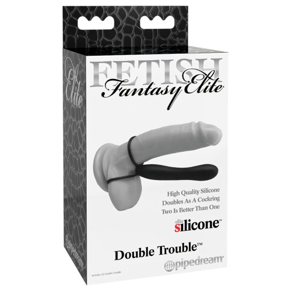 Fetish Dobbeltrussel – dildo med penis- og herrestreng (sort)