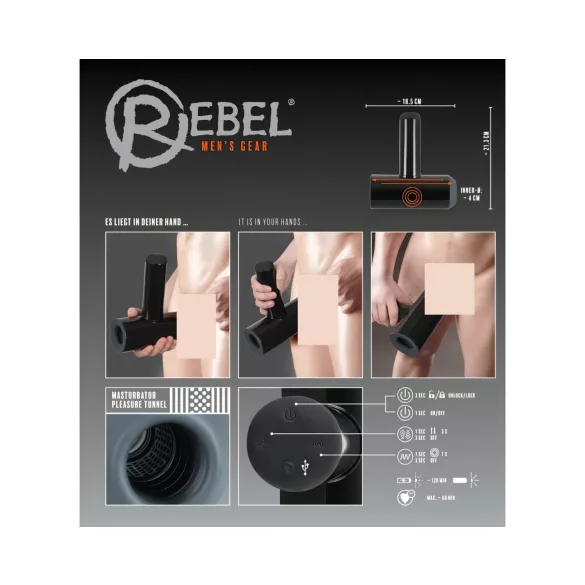 Rebel - masturbator med op/ned bevægelse og vibration - opladelig - sort