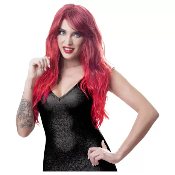 Cottelli - lang bølget paryk med pandehår - rød