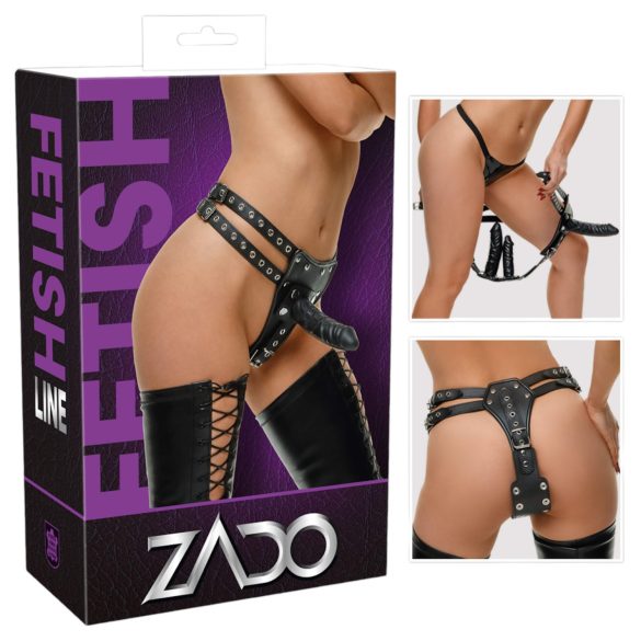 ZADO - Læder harness med 2 indvendige dildoer (sort) - L/XL