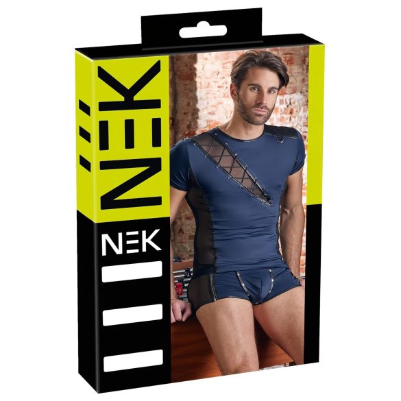NEK - Sort herrebodystocking med blå netindsatser