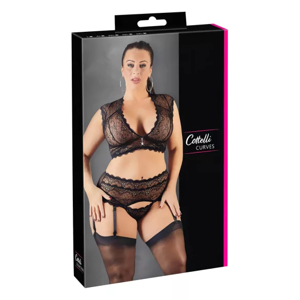 Cottelli Plus Size - undertøjssæt i blonder med rhinsten (sort)