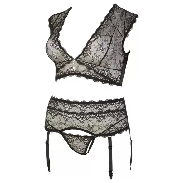 Cottelli Plus Size - undertøjssæt i blonder med rhinsten (sort) - 2XL