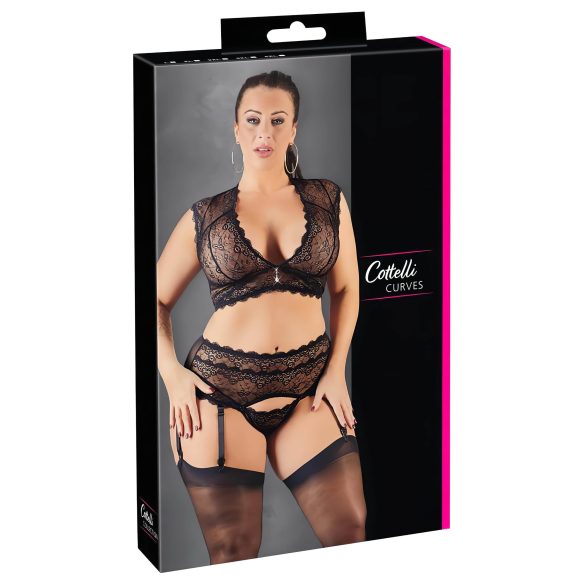 Cottelli Plus Size - Strass og blonde lingerisæt (sort) - 3XL