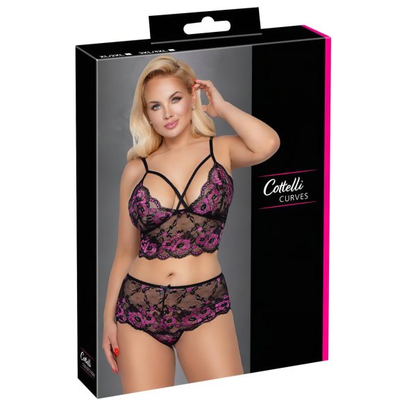 Cottelli Plus Size - Blomstret BH-sæt (sort-lilla)