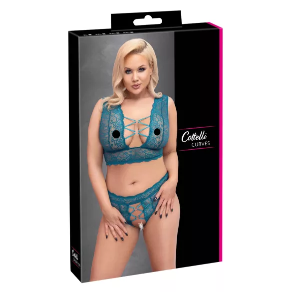 Cottelli Curves - korset blonde undertøjssæt (blå) - 2XL