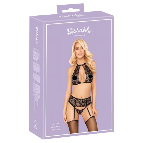 Kys-bar, halterneck blonde-bh sæt (sort)