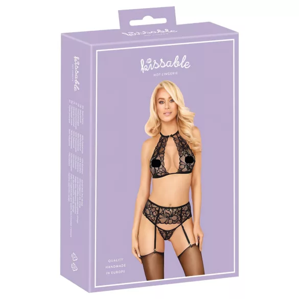 Kys-bar, halterneck blonde-bh sæt (sort)