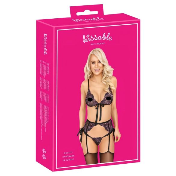 Kysseklar - lyserød-lilla broderet BH-sæt (sort) - L/XL