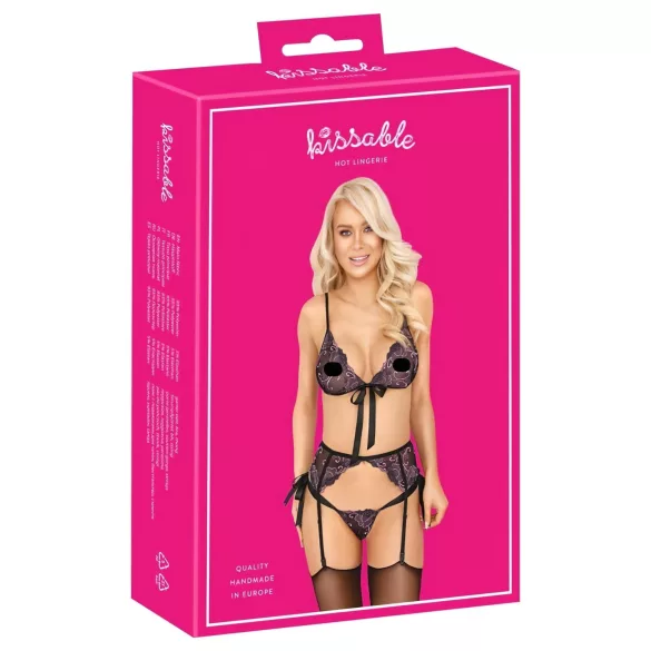 Kissable - pink-lilla broderi bh-sæt (sort) - L/XL
