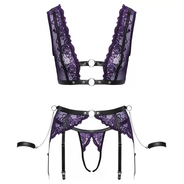 Cottelli Bondage - lingerisæt og håndjern (sort-lilla) - L