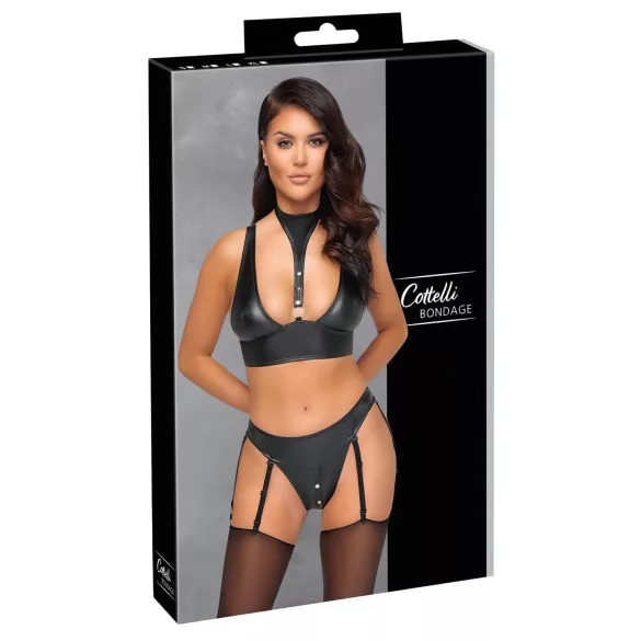 Cottelli Bondage - skinnende BH-sæt med manchetter (sort)