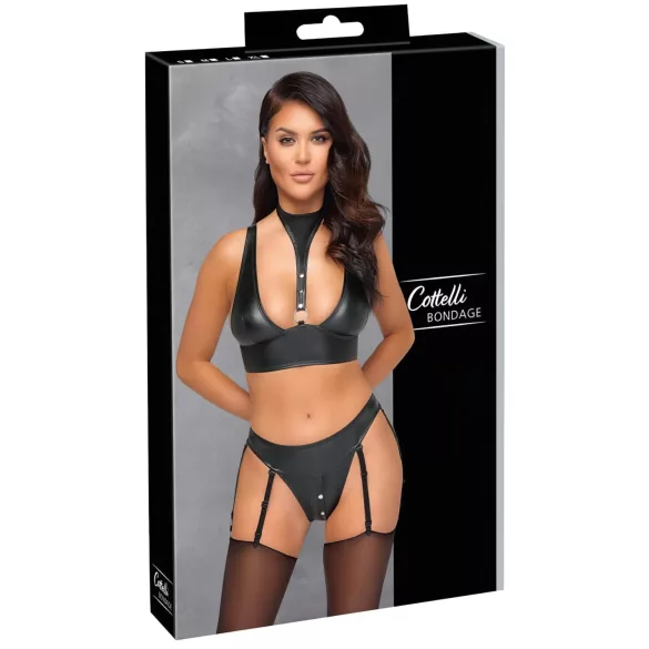 Cottelli Bondage - skinnende BH-sæt med manchetter (sort) - M