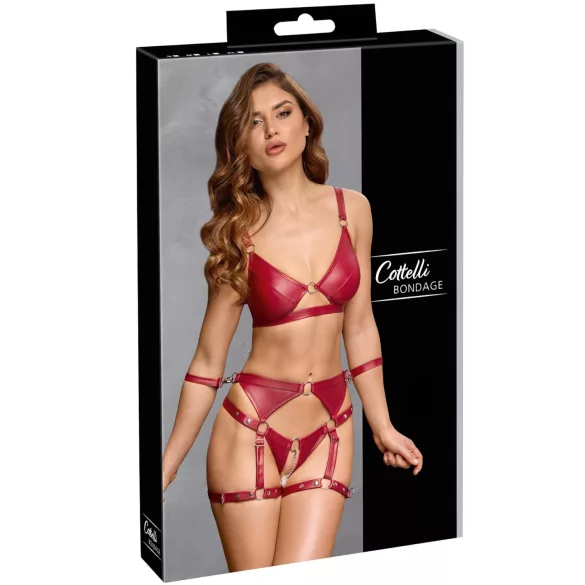 Cottelli Bondage - Skinnende bh-sæt & håndjern (rød) - XL