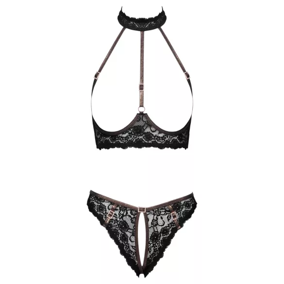 Cottelli - åben blonde-bh og tanga med roseguldsdetaljer (sort)
