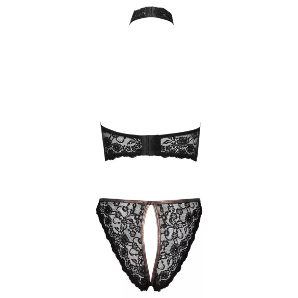 Cottelli - åben blonde-bh og tanga med roseguldsdetaljer (sort)