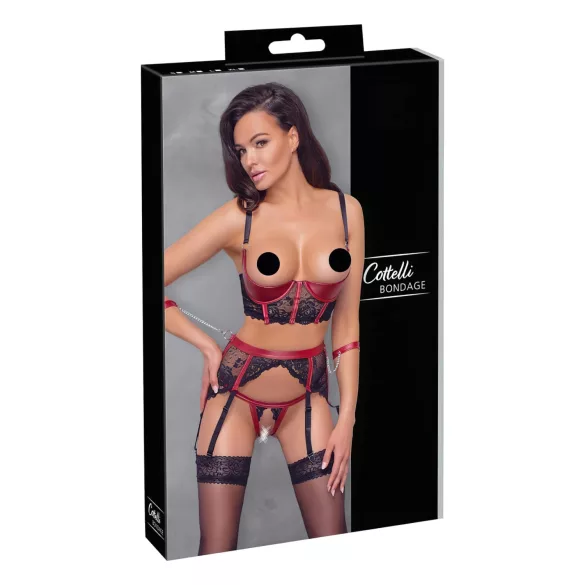 Cottelli Bondage - bh-sæt med blonde og mat look - rød - L