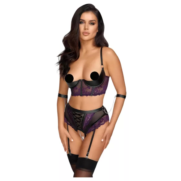 Cottelli Bondage - bh‑sæt og armmanchetter (sort-lilla) - L