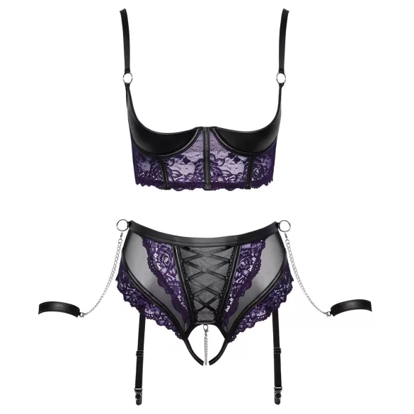 Cottelli Bondage - bh‑sæt og armmanchetter (sort-lilla) - XL