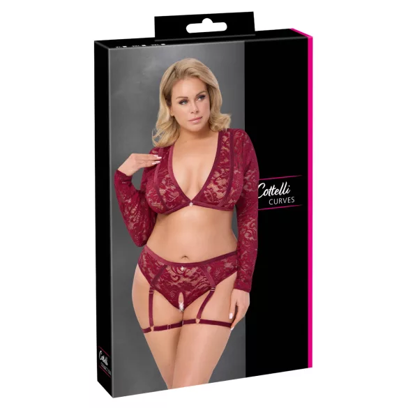 Cottelli Curves - lingerisæt - langærmet blonde - rød - 2XL