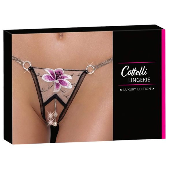 Cottelli luksus broderet lilje tanga (sort-hvid)
