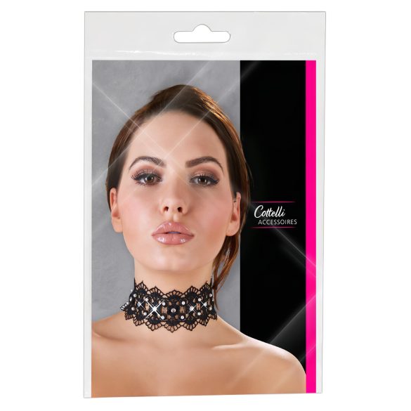 Cottelli - Perle- og rhinestone blonderhalsbånd (sort)