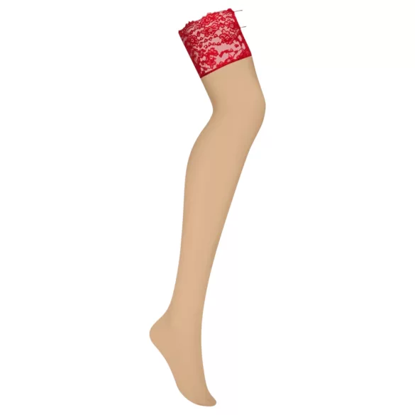 Obsessive - selvsiddende strømper - blondekant - rød/nude - L/XL