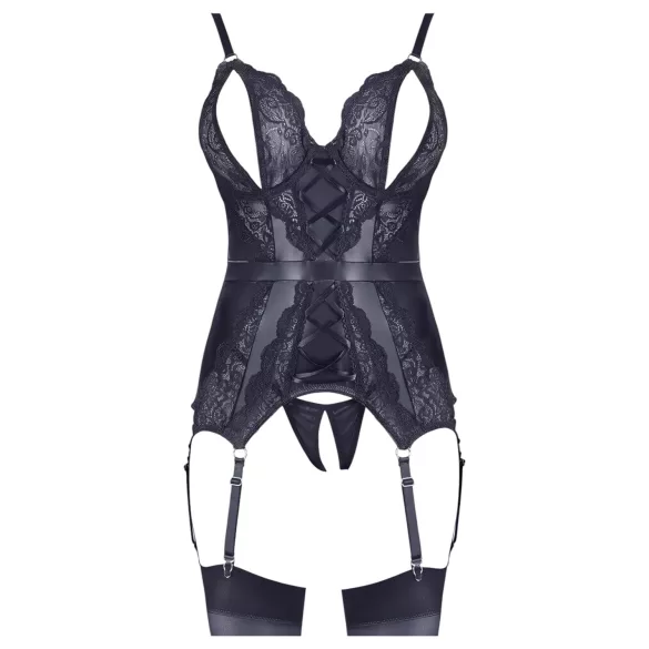 Cottelli - lingerisæt med blonde - åben top og g-streng - sort - XL