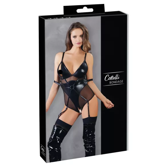 Cottelli Bondage - bodysuit med håndjern - blank - sort - M
