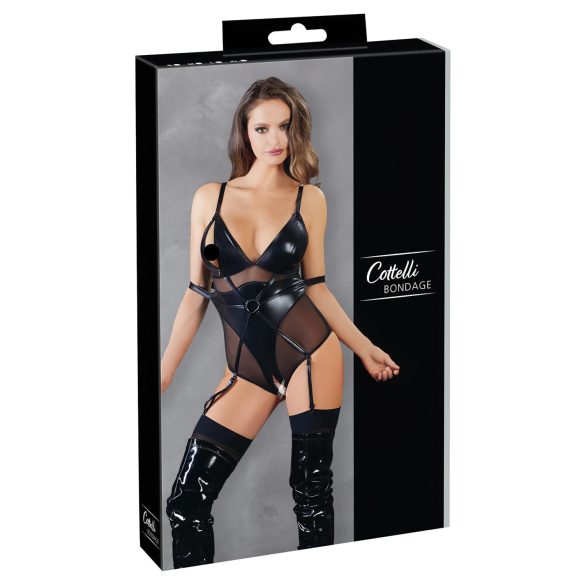 Cottelli Bondage - skinnende body med håndjern (sort) - XL