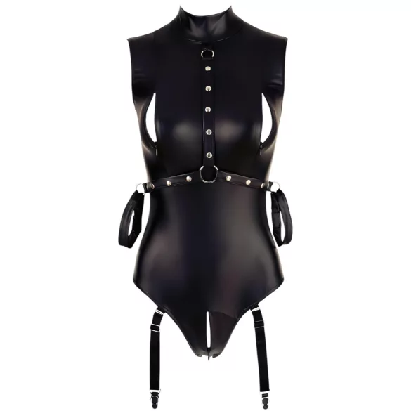 Cottelli Bondage - body uden ærmer og håndjern - wetlook - sort - XL