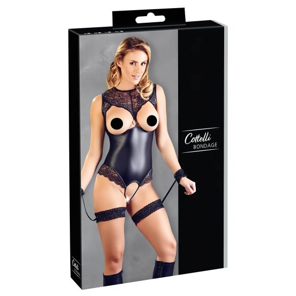 Cottelli Bondage - skinnende åben body med håndjern (sort)