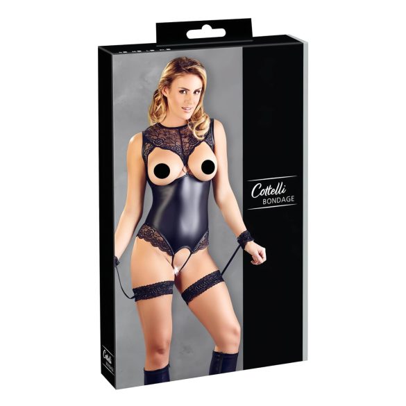Cottelli Bondage - skinnende åben body med håndjern (sort) - M