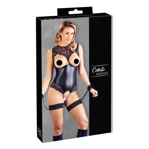 Cottelli Bondage - åben body med håndjern - blank sort - L