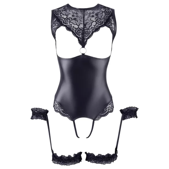 Cottelli Bondage - åben body med håndjern - blank sort - L