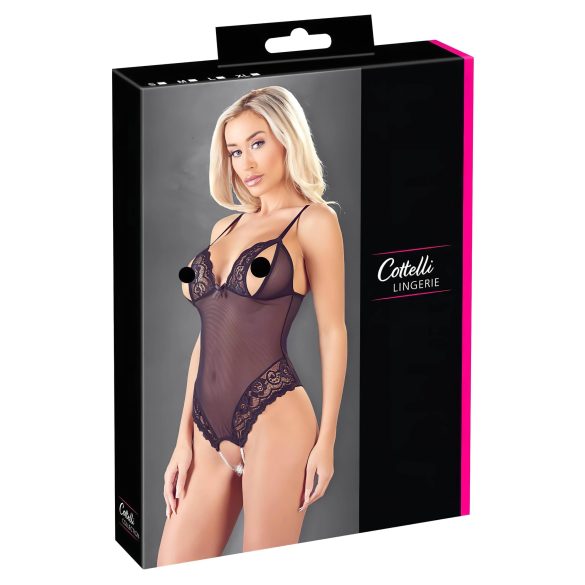 Cottelli - Sort blonder & perler bodysuit med åbning - M