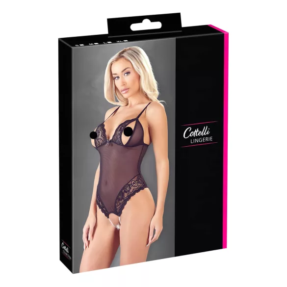 Cottelli - åben body med blonde og perler - sort - M