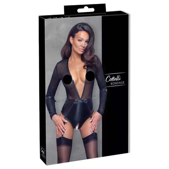 Cottelli - langærmet, åben bodystocking med håndjern (sort)