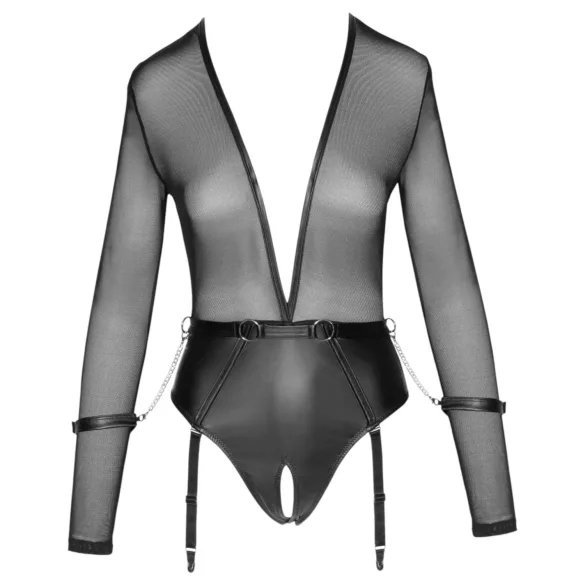 Cottelli - langærmet, åben bodystocking med håndjern (sort)