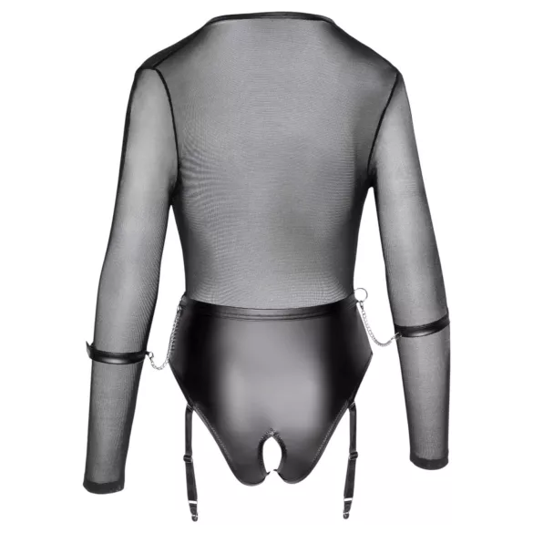 Cottelli - langærmet, åben bodystocking med håndjern (sort)