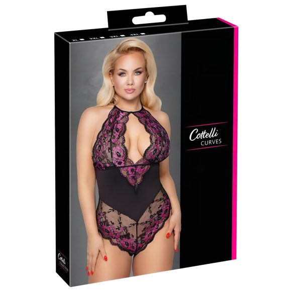Cottelli Plus Size - Blomstermønster Bodystocking (sort-lilla) - 3XL