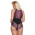 Cottelli Plus Size - Blomstermønster Bodystocking (sort-lilla) - 3XL