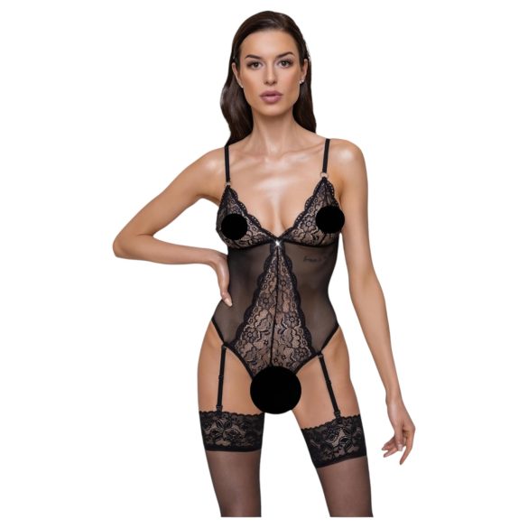 Cottelli - Sort åben body med blonder og hofteholder
