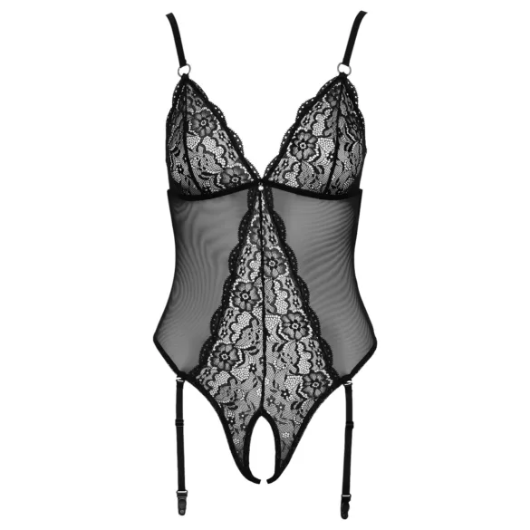 Cottelli - bodystocking med hofteholder - blondedetaljer - sort