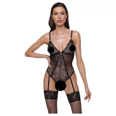   Cottelli - bodystocking med hofteholder - blondedetaljer - sort - L