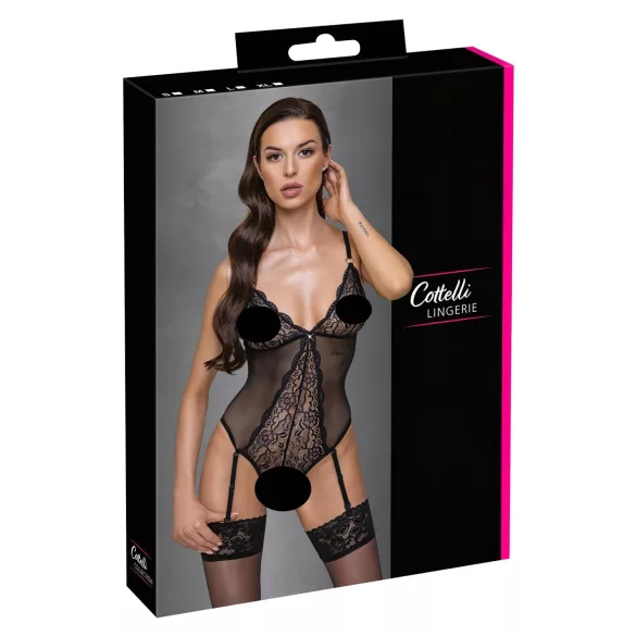 Cottelli - bodystocking med hofteholder - blondedetaljer - sort - L